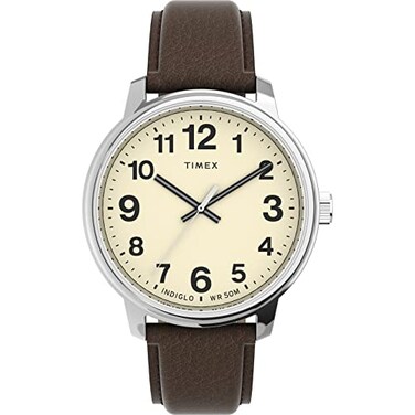 Timex Mens Easy Reader Bold 43mm Watch SilverTone Case Cream Dial with Brown Leather Strap