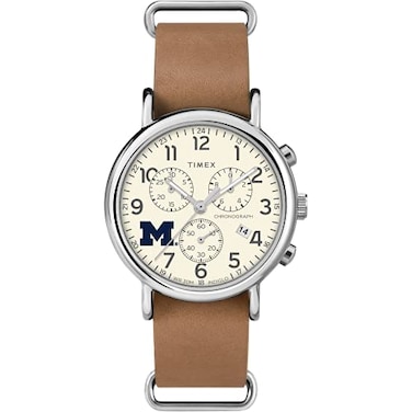 Timex Tribute Mens Collegiate Weekender Chrono 40mm Watch Michigan Wolverines with Tan Genuine Leather SlipThru Strap