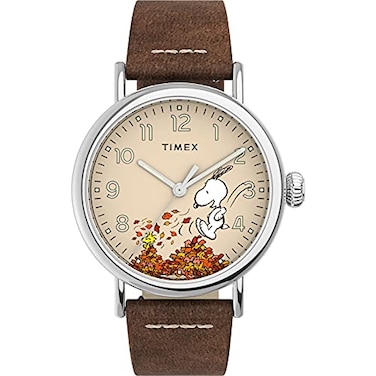 Timex x Peanuts Mens Standard 40mm Watch Fall SilverTone Case Beige Dial with Tan Genuine Leather Strap