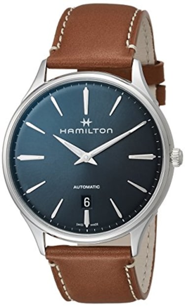 Hamilton Jazzmaster Automatic Mens Watch 40mm Stainless Steel Case Swiss Made Blue Dial Analog Wrist Watch for Men 50m Waterproof Sapphire Crystal Calf Leather Strap