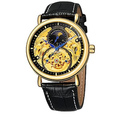 FORSINING Men Automatic Watches Tourbillon Skeleton Watch Moon Phase Wrist Watch Gold and Black