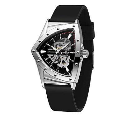 FORSINING New Men Waterproof Skeleton Triangular Mechanical Wrist Watch with Silicone Strap Silver and Black