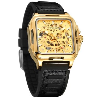 FORSINING Mens Waterproof Skeleton Stylish Watch Automatic Steampunk Self Winding Silicone Strap Luminous Square Wrist Watch 1Gold
