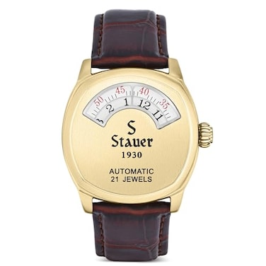 Stauer 1930 Dashtronic Mens Watch GoldFinished 39MM Case Genuine Leather Band Automatic Movement 3ATM Water Resistance
