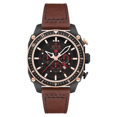 AVI-8 AVI8 Mens 44mm Hawker Hunter Atlas Dual Time Chronograph Jade Black Watch with Leather Strap AV410009