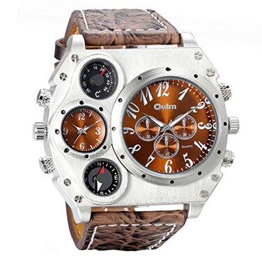 Avaner Mens Leather Wrist Watches Big Face Dual Time Zone Oversized Large Dial Leather Strap Analog Quartz Watch
