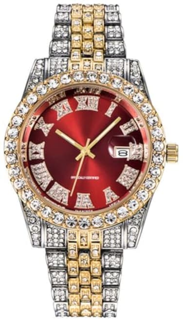 HUNRUY Hip Hop Watches for Men IcedOut Bling Diamond Luxury Quartz Watches with Date 40mm Red