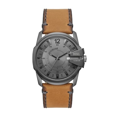 Diesel Master Chief Stainless Steel and Leather ThreeHand Analog Mens Watch Color Gunmetal Tan Model DZ1964