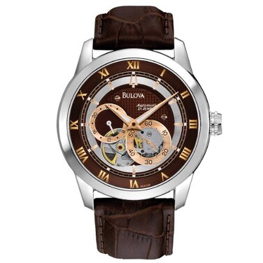 Bulova Mens Stainless Steel Automatic Rose Two Tone Brown Skeleton Dial