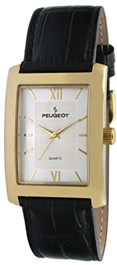 Peugeot Mens Rectangular Textured Roman Numeral Dial Classic Dress Wrist Watch with Leather Strap Band