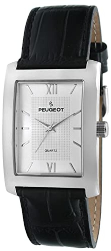 Peugeot Mens Rectangular Textured Roman Numeral Dial Classic Dress Wrist Watch with Leather Strap Band