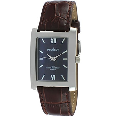 Peugeot Mens Rectangular Textured Roman Numeral Dial Classic Dress Wrist Watch with Leather Strap Band