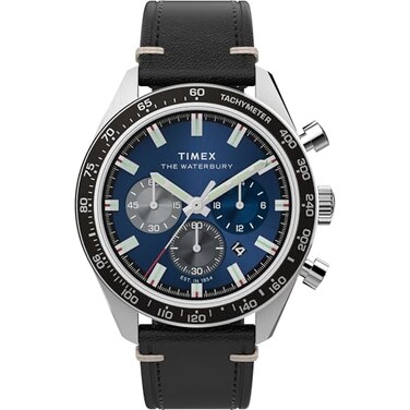 Timex Mens Waterbury Traditional 41mm Watch Black Strap Blue Dial Stainless Steel Case