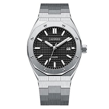 CADISEN Mens Automatic Watch Mechanical Casual Watches for Men Wristwatch Stainless Steel Strap Black Grid