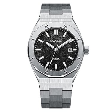 CADISEN Mens Automatic Watch Mechanical Casual Watches for Men Wristwatch Stainless Steel Strap Black Meteorite Pattern