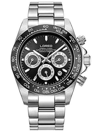 LOREO Mens Automatic Watch Silver Stainless Steel Sapphire Glass Ceramic Bezel Date Military Diving Waterproof Watch Black 9216