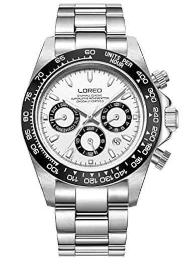 LOREO Mens Automatic Watch Silver Stainless Steel Sapphire Glass Ceramic Bezel Date Military Diving Waterproof Watch White 9216