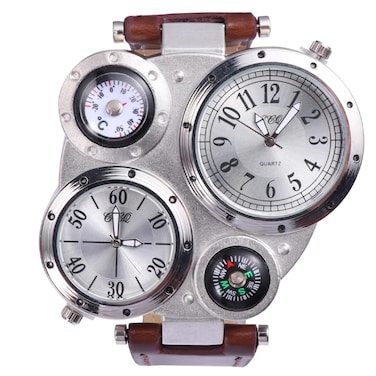 NICERIO Mens Big Face Watches Cool Wrist Watch Genuine Leather Strap Dual Time Zone Sport Watch Analog Quartz Display with Thermometer Compass