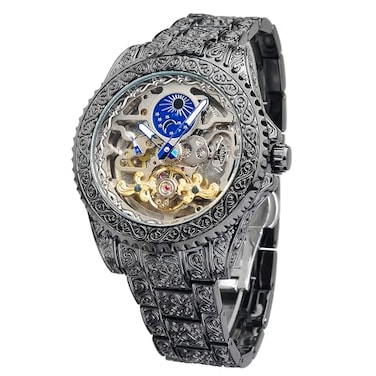 FORSINING Vintage Watch for Men Engraved Automatic SelfWind Mechanical Big Dial Luminous Moon Phase Golden Hollow Tattoo Pattern Wrist Watches Mechanical
