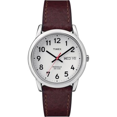 Timex Mens Easy Reader 35mm DayDate Watch SilverTone Case White Dial with Dark Brown Leather Strap