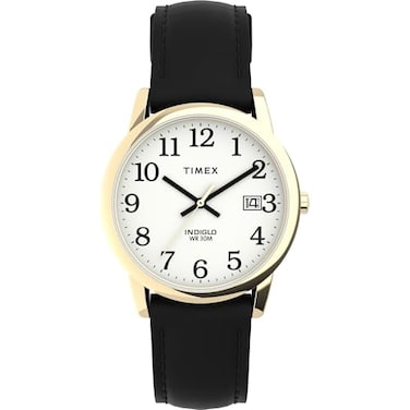 Timex Mens Easy Reader 35mm Watch GoldTone Case White Dial with Black Leather Strap