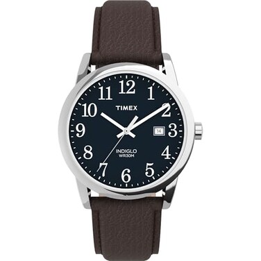 Timex Mens Easy Reader 38mm Watch SilverTone Case Blue Dial with Brown Leather Strap