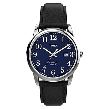 Timex Mens Easy Reader 38mm Watch SilverTone Case Blue Dial with Black Leather Strap