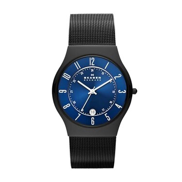 Skagen Mens Sundby ThreeHand Date Midnight Black Titanium Mesh Band Watch Model T233XLTMN