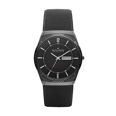 Skagen Mens Melbye ThreeHand Day Date Midnight Black Titanium Mesh Band Watch Model SKW6006