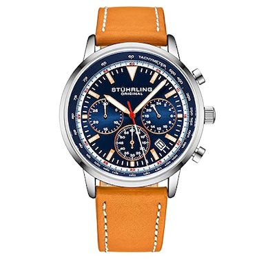 Stuhrling Original Chronograph Watch Mens Watches 44mm Steel Case Blue Dial with Leather Strap Tachymeter 24Hour Subdial