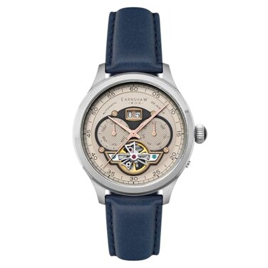 Thomas Earnshaw Mens 43mm Baron Grand Date Calendar Open Heart Automatic Camel Blue Watch with Leather Strap ES818704