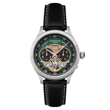 Thomas Earnshaw Mens 43mm Baron Grand Date Calendar Open Heart Automatic Vintage Green Watch with Leather Strap ES818707