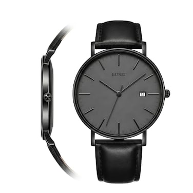 BUREI Mens Fashion Minimalist Wrist Watch Analog Date with Leather Strap Dark Grey