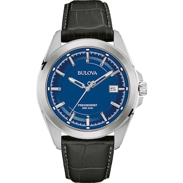 Bulova Mens Precisionist 3Hand Calendar Stainless Steel with Black Leather Strap and Blue Dial Style 96B257