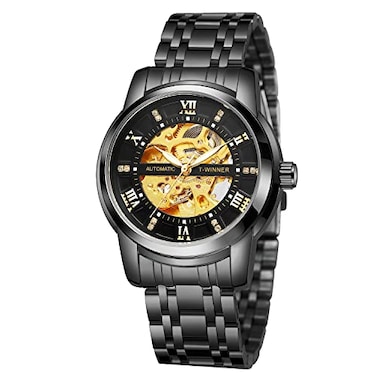 FORSINING Mens Automatic Self Winding Watch Luxury Skeleton Waterproof Stainless Steel Mechanical Wrist Watch 01Black