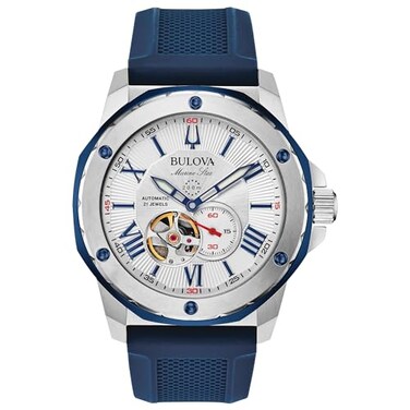 Bulova Mens Marine Star Series A Automatic Stainless Steel Case with Blue Textured Silicone Strap Open Aperture Silver White Dial Model 98A225