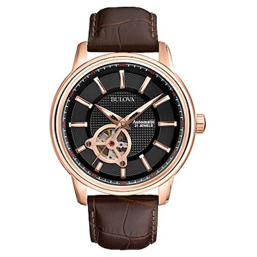 Bulova Mens Classic 3Hand Automatic Leather Strap Watch 21jewels Hack Feature Luminous Hands and MarkersOpen Aperture and Exhibition Case Back Style 97A109