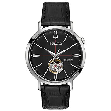 Bulova Mens Classic Aerojet 3Hand Automatic Leather Strap Watch Open Aperture 40Hour Power Reserve Double Curved Mineral Crystal 41mm