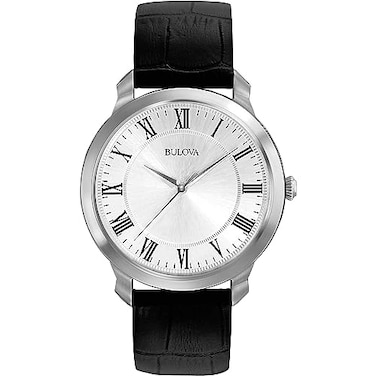 Bulova Mens Classic 3Hand Quartz Black Leather Strap Watch Roman Numeral Markers 41mm