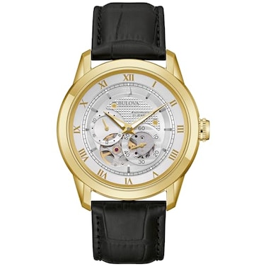 Bulova Mens Classic Sutton 4Hand Automatic Watch with Gold Stainless Steel Black Leather StrapOpen ApertureExhibition Caseback Double Curved Mineral Crystal 42mm Model 97A187
