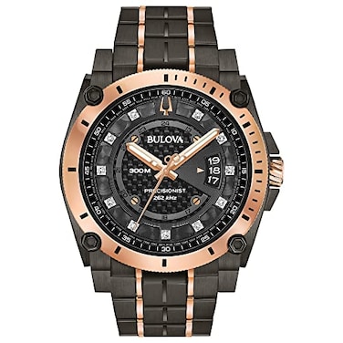 Bulova Mens High Precisionist Quartz Icon Grey IP and Rose Gold Watch Diamonds 300M Water Resistant Model 98D149