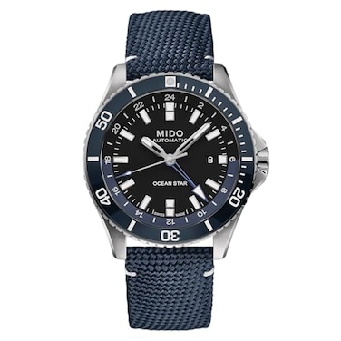 MIDO Ocean Star GMT Swiss Automatic Watch for Men 44mm Stainless Steel Case with Black Ceramic Rotating Bezel Black Dial Blue Fabric Strap M0266291705100