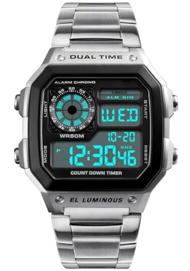 PASOY Mens Digital MultiFunction Watches 2 Time Alarm Stopwatch Countdown Backlight Waterproof Watch Silver