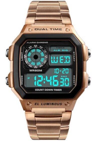PASOY Mens Digital MultiFunction Watches 2 Time Alarm Stopwatch Countdown Backlight Waterproof Watch Rose Gold