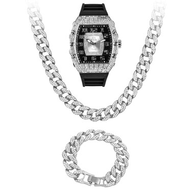 Techno Pave Mens Iced Out 41mm Tonneau Shape Watch Cuban Set Numeral Dial Silver Black