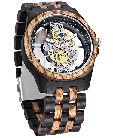 Dentily Mens Hollow Analog Wooden Watch Retro Gear Carving Design Transparent Dial Quartz Watch for Men