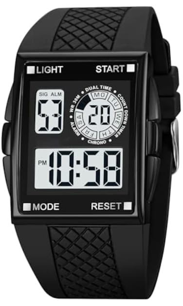 XCZAP Mens Luminous Square Digital Sports Watch Waterproof Countdown MultiFunction Watch Black White