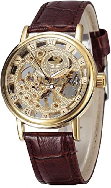 SEWOR Mens Mechanical Skeleton Transparent Vintage Style Leather Wrist Watch