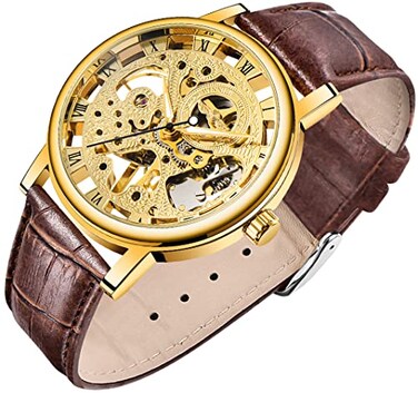 Whodoit Transparent Gold Case Casual Design Brown Leather Strap Mens Watch Mechanical Skeleton Leather Watches for Men