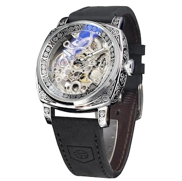 FORSINING Watches for Man Square Retro Mechanical Watch SelfWind Carved Skeleton Automatic Watches Vintage Leather Strap Wristwatch